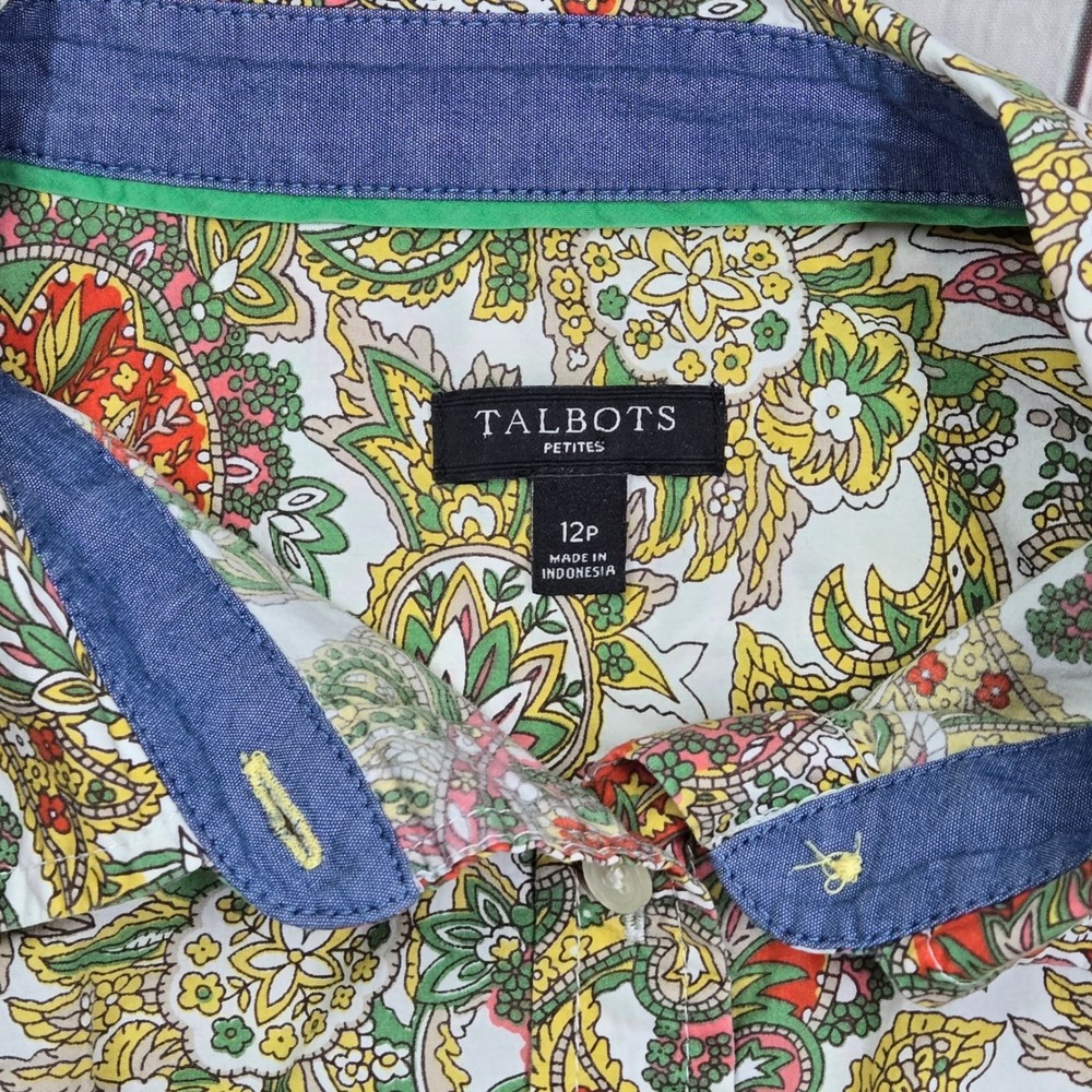 Talbots Petites Paisley Button Down Shirt Womens 12P Multicolor Roll Tab‎ Sleeve - Picture 4 of 10